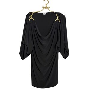 Cache Black Cocktail Dress Gold Ring Detail Drape Dolman‎ Sleeve Party Y2K